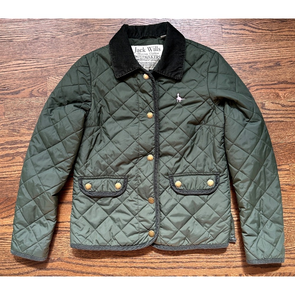Jack Wills Women Green Quilted Jacket Corduroy Collar Floral Lining US 4 UK 8